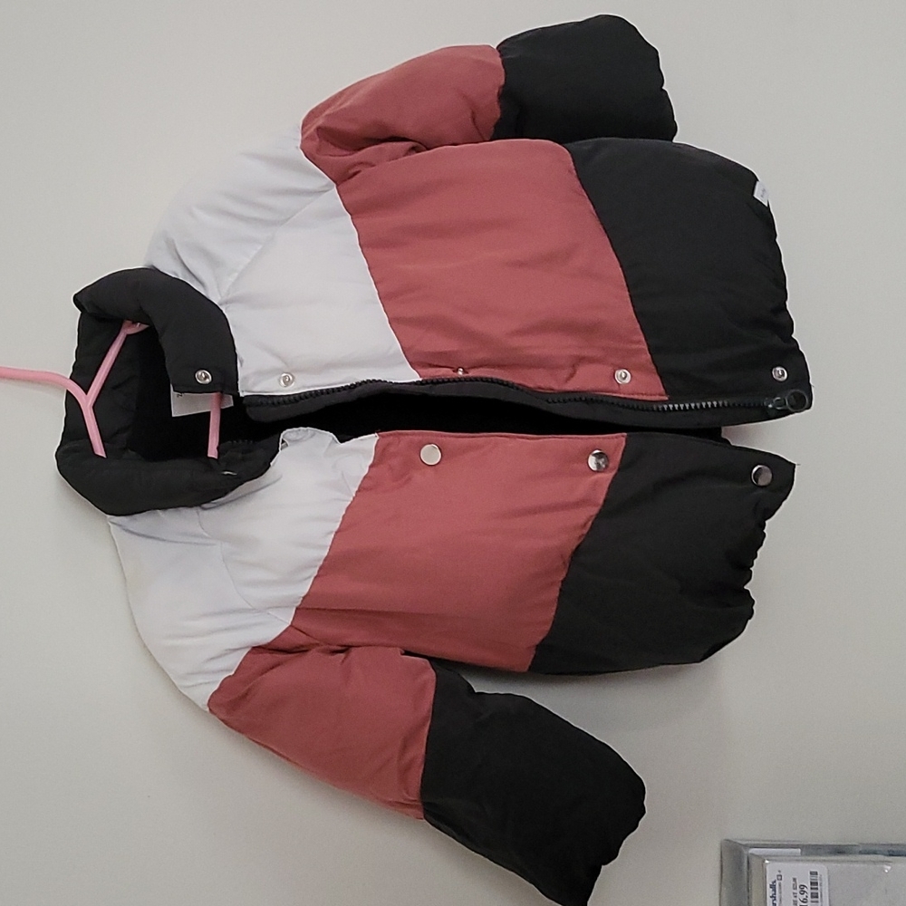 Zara black, pink, and white colorblock puffer